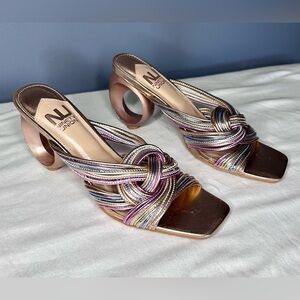 Ninety Union Shoes Womens Size 9 Metallic Multi Mule Square Toe Sculptural Heels